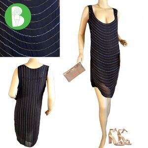 GRYPHON BLUE SILK SLINKY GOLD & SILVER CHAIN LINK SHIFT DRESS (M)